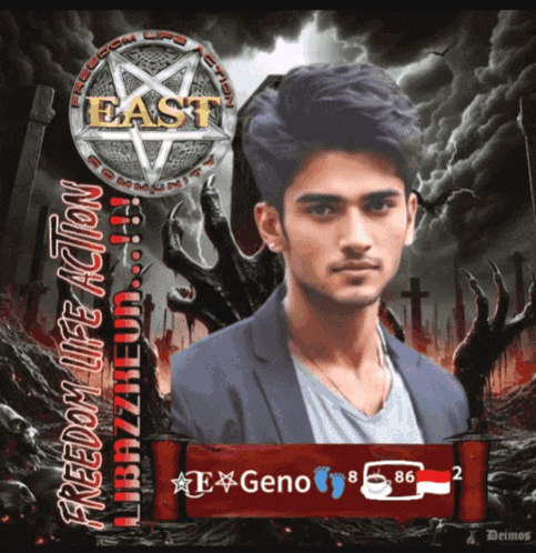 A Poster With A Picture Of A Man And The Word East GIF