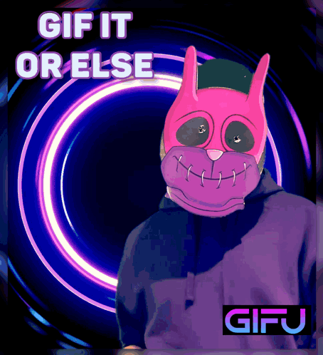 A Poster With A Pink Rabbit Mask And The Words " Gif It Or Else " GIF