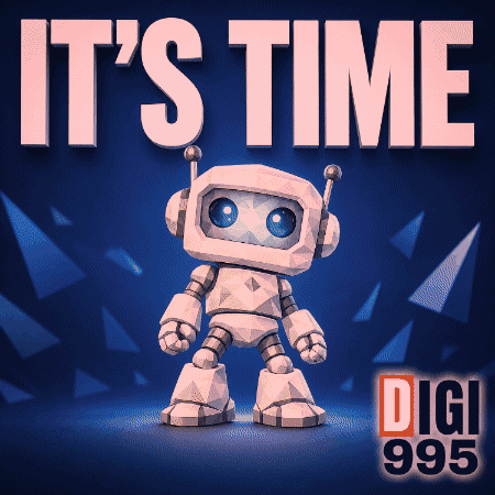 A Poster With A Robot And The Words It 'S Time Digit 995 GIF