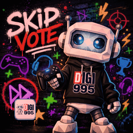 A Poster With A Robot Holding A Video Game Controller And The Words Skip Vote Written On It GIF