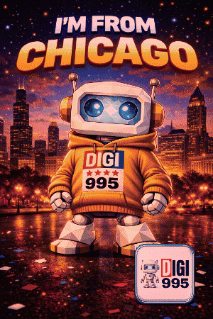 A Poster With A Robot Wearing A Hoodie That Says ' I 'M From Chicago ' GIF