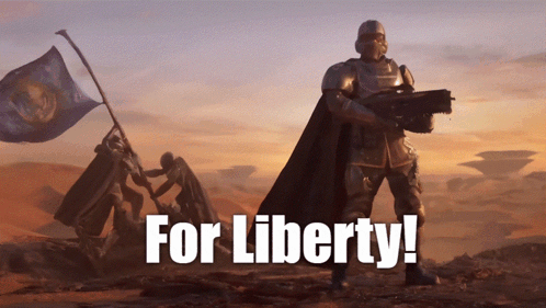 A Poster With A Soldier Holding A Gun And The Words " For Liberty " GIF