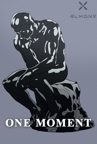 A Poster With A Statue Of A Man Sitting On A Rock With The Words One Moment Below It GIF