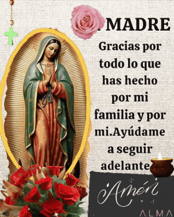 A Poster With A Statue Of The Virgin Mary And The Words Madre Gracias Por Todo Lo Que Has Hecho Por Mi Familia GIF