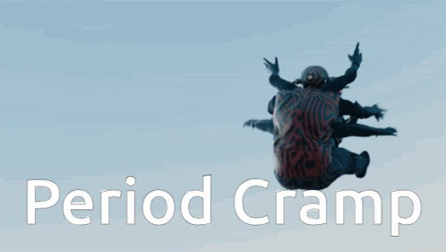 A Poster With A Superhero Fighting Another Superhero And The Words Period Cramp GIF