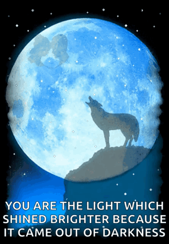 A Poster With A Wolf Howling In Front Of A Blue Full Moon GIF