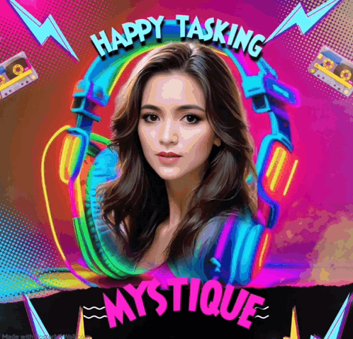 A Poster With A Woman And The Words Happy Tasking Mystique On It GIF