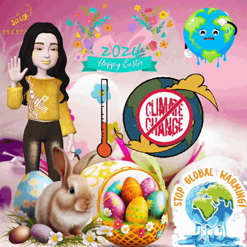 A Poster With Easter Eggs A Rabbit And A Thermometer Says Happy Easter GIF
