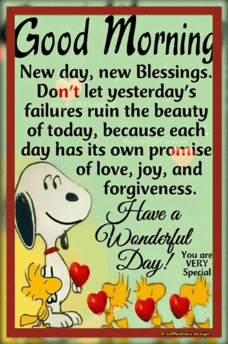 A Poster With Snoopy And Woodstock And The Words Good Morning New Day New Blessings GIF