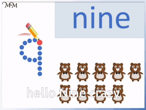 A Poster With The Number Nine And A Pencil And Bears GIF
