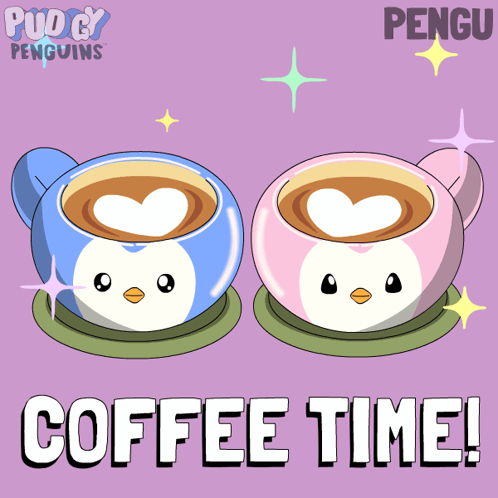 A Poster With Two Cups Of Coffee And The Words Coffee Time On It GIF