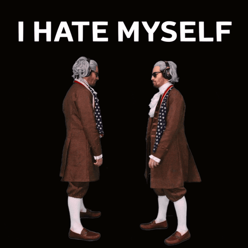A Poster With Two Men In Costume And The Words I Hate Myself Above Them GIF