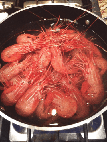 A Pot Of Shrimp Is Cooking On A Stove Top GIF