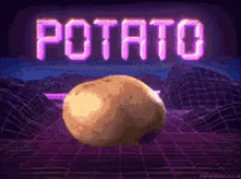 A Potato Is Sitting On Top Of A Purple Surface In Front Of A Neon Sign That Says Potato . GIF