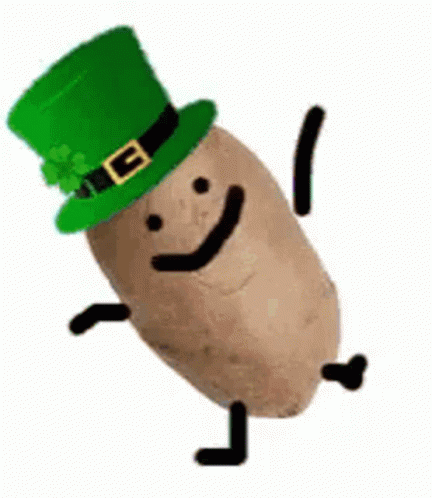 A Potato Wearing A Green Leprechaun Hat And A Smiley Face . GIF