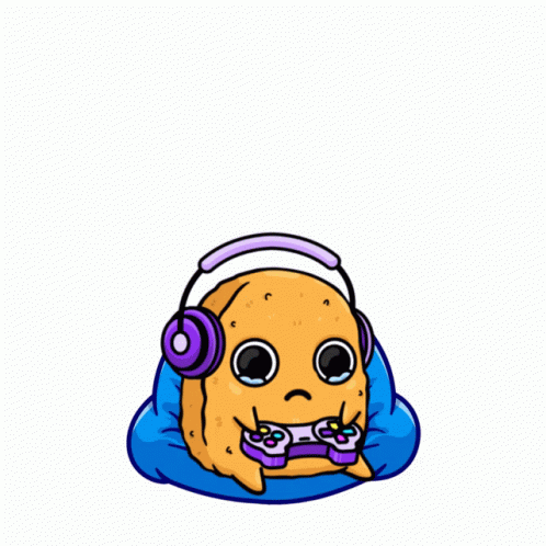 A Potato Wearing Headphones And Holding A Game Controller With The Words Game Over Behind It GIF