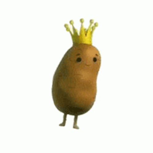 A Potato With A Crown On Its Head Is Standing On Two Legs . GIF