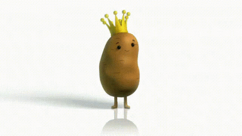 A Potato With A Crown On Its Head Is Walking On A White Surface . GIF