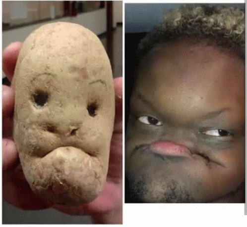 A Potato With A Face Drawn On It Next To A Picture Of A Child With A Beard GIF