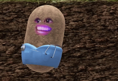 A Potato With A Purple Face And A Blue Shirt On GIF