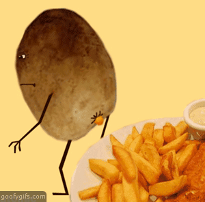A Potato With Arms And Legs Is Standing Next To A Plate Of French Fries And A Bowl Of Dipping Sauce GIF