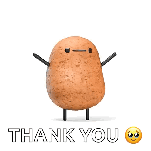 A Potato With Arms And Legs Is Standing Next To The Words Thank You GIF