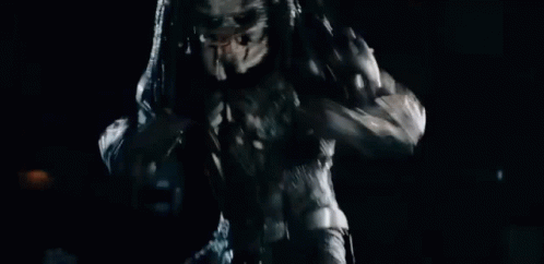 A Predator Is Standing In The Dark With Its Arms Outstretched And Looking At The Camera . GIF