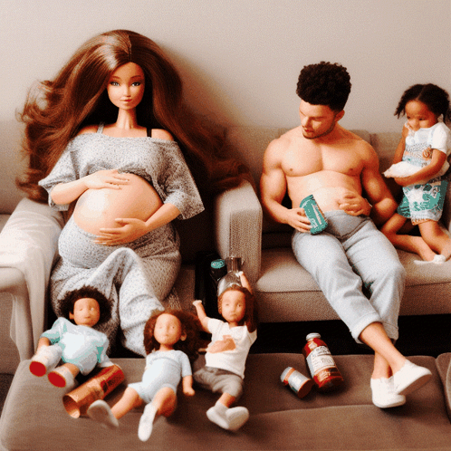 A Pregnant Barbie Is Sitting On A Couch Next To A Man And Two Dolls GIF