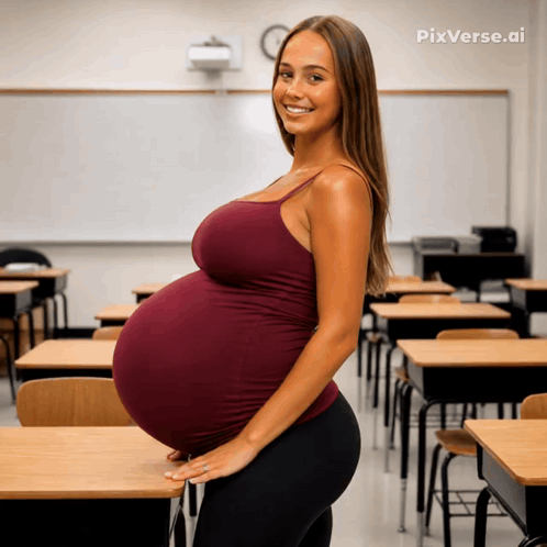 A Pregnant Woman Stands In A Classroom With Pixverse.ai Written On The Bottom GIF