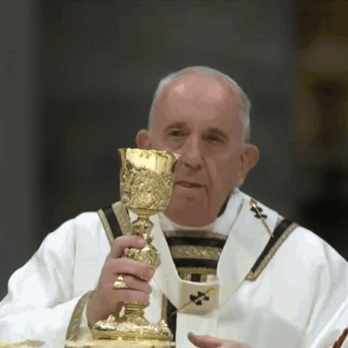 A Priest Is Holding A Golden Chalice In His Hand GIF