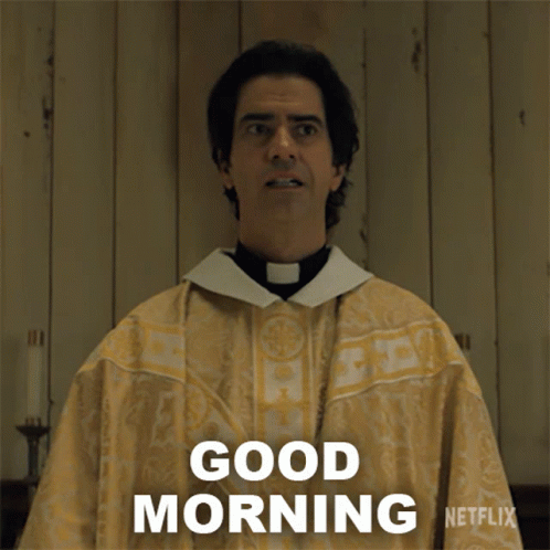 A Priest Says " Good Morning " In Front Of A Netflix Logo GIF