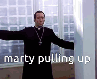 A Priest With His Arms Outstretched And The Words Marty Pulling Up GIF