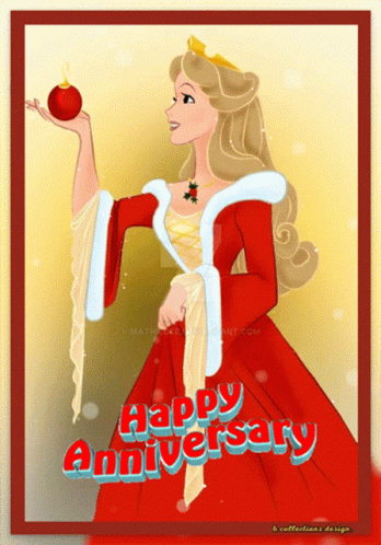 a princess in a red dress is holding an apple with the words happy anniversary written below her