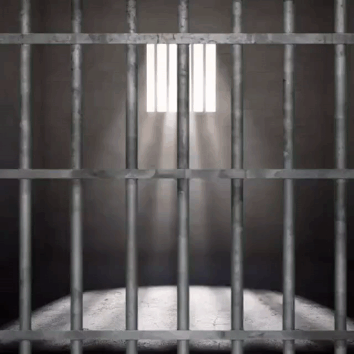 A Prison Cell With Bars And A Light Shining Through The Bars . GIF