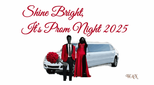 A Prom Night Poster With A Man And Woman In Front Of A White Limousine GIF