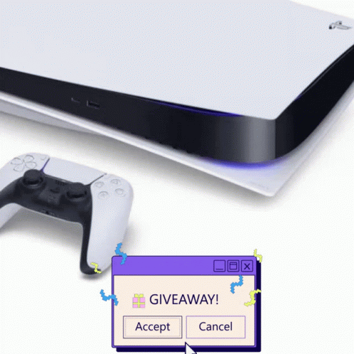 A Ps5 Console Is Sitting Next To A Controller And A Box That Says Giveaway Accept And Cancel GIF