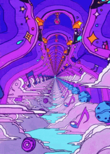 A Psychedelic Drawing Of A Tunnel With Music Notes GIF