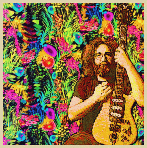 A Psychedelic Painting Of A Man Playing A Guitar With Flowers In The Background GIF