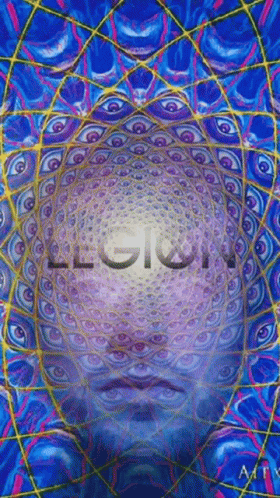 A Psychedelic Painting Of A Person 'S Face With Legion Written On The Bottom GIF
