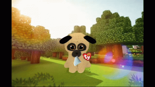 A Pug Dog With A Beanie Boo Tag On Its Head GIF