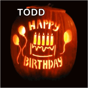 A Pumpkin With Candles And Balloons Carved Into It That Says Happy Birthday GIF