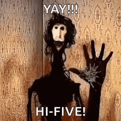 A Puppet Is Waving In Front Of A Wall And Says `` Yay !!! Hi-Five ! '' GIF