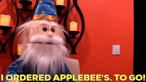 A Puppet With A Beard And Glasses Says " I Ordered Applebee 'S To Go " GIF