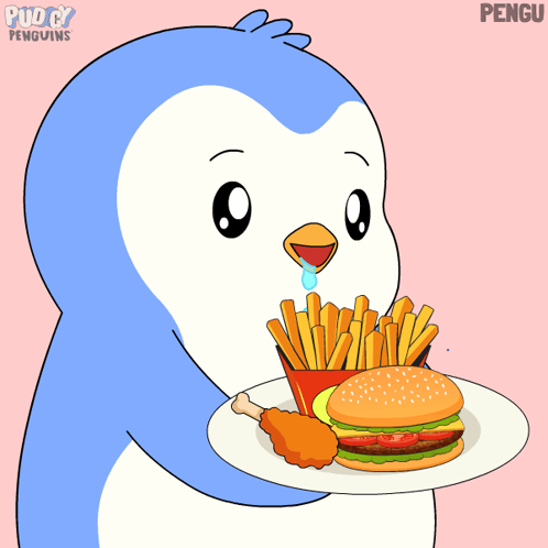 A Puppy Penguin Is Holding A Plate Of Food With A Hamburger And French Fries GIF