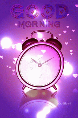 A Purple Alarm Clock Is Surrounded By Hearts And The Words Good Morning GIF