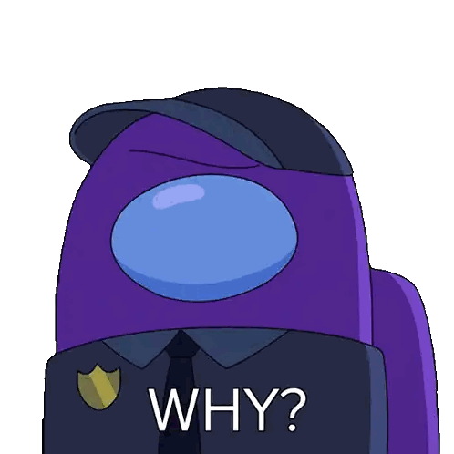 a purple among us character wearing a hat and tie asks the question " why "