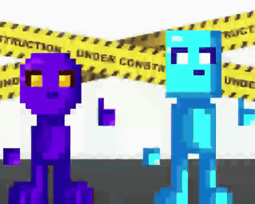 Purple And Blue Pixel Characters Under Construction Tape GIF