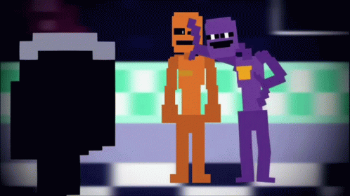 A Purple And An Orange Pixel Character Are Standing Next To Each Other On A Checkered Floor GIF