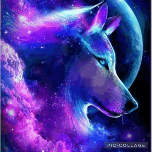 A Purple And Blue Painting Of A Wolf With A Galaxy Background GIF