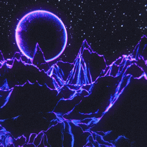 A Purple And Blue Painting Of Mountains With A Glowing Planet In The Background . GIF